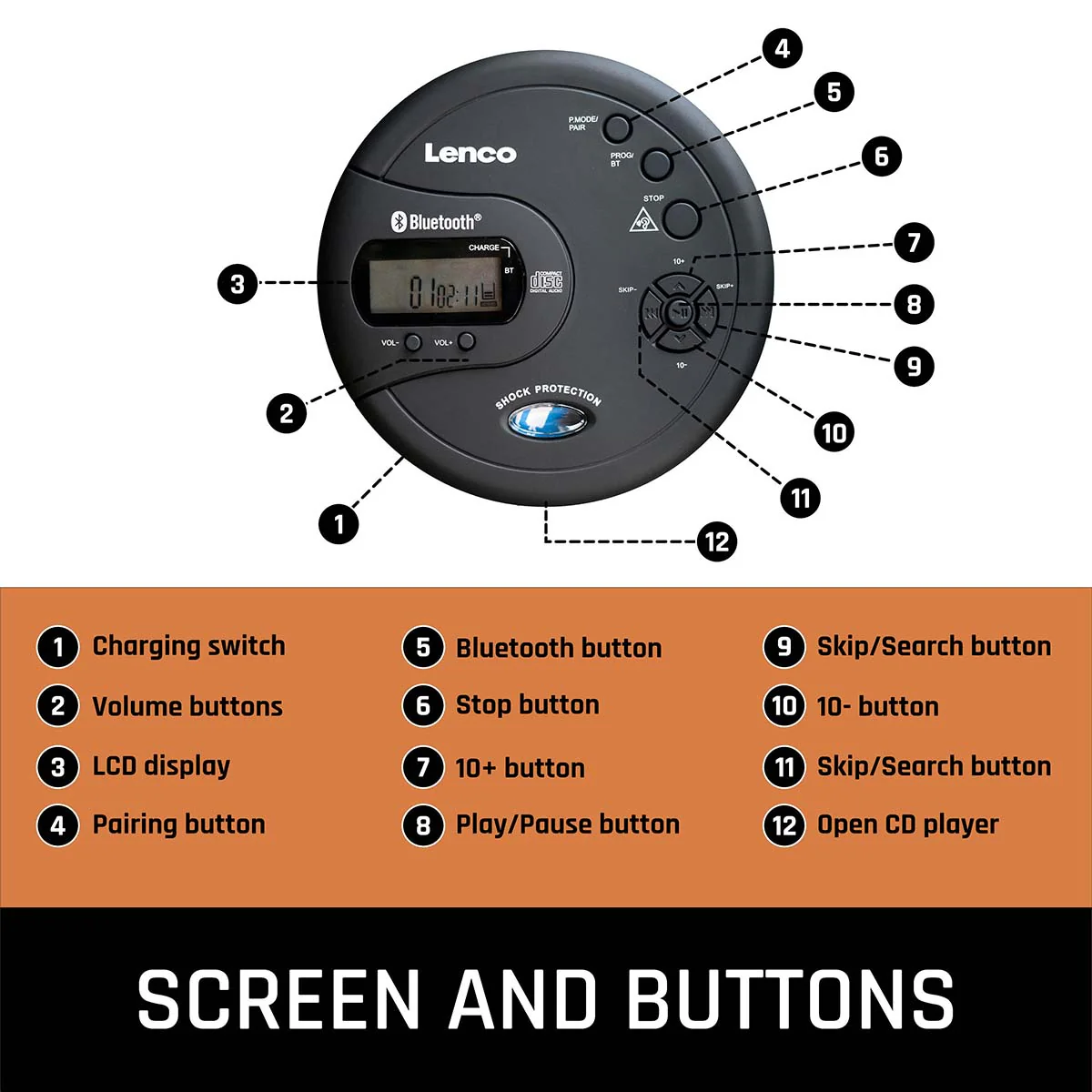 LENCO CD-300BK - Draagbare Bluetooth® CD-MP3 speler met anti-shock - Zwart - Image 4