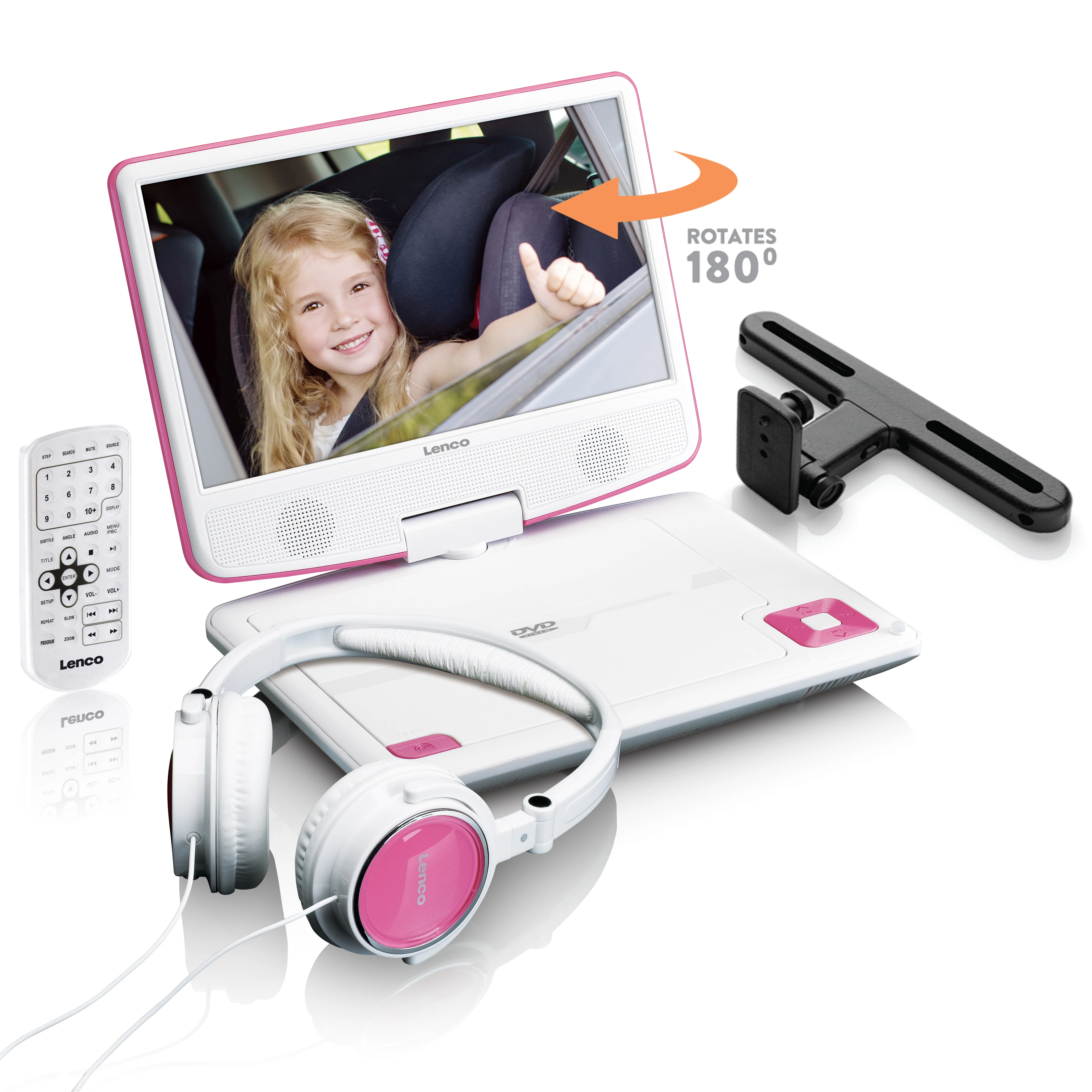 LENCO DVP-910PK - Portable 9" DVD-speler met USB-hoofdtelefoon-ophangbeugel - Roze/wit - Image 13