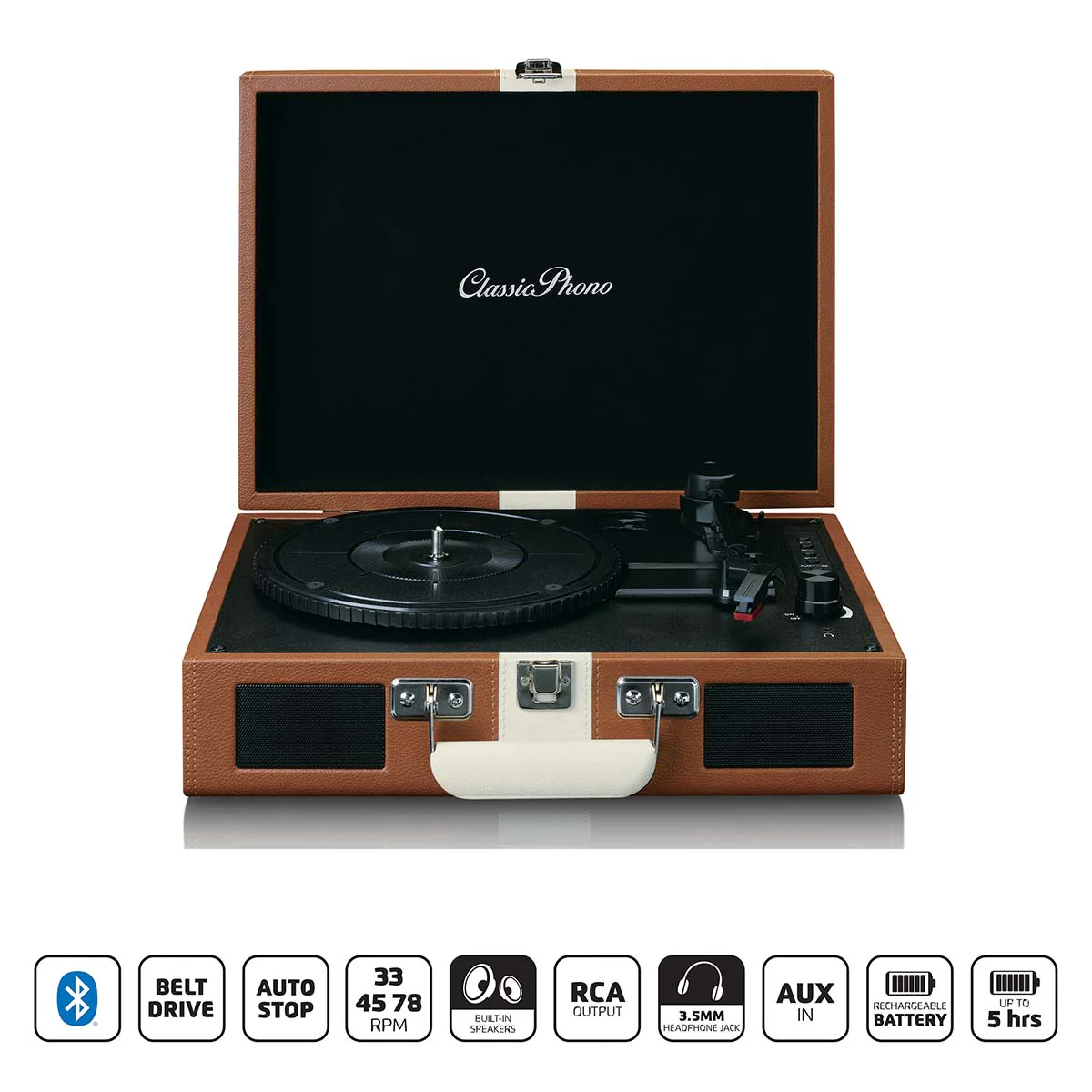 CLASSIC PHONO TT-120BNWH - Platenspeler met Bluetooth® ontvangst, ingebouwde speakers en oplaadbare accu - Bruin/Wit - Image 6